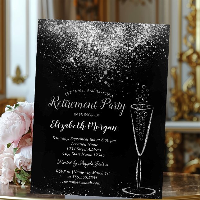 Elegant silverkonfetti glas svart pensionering inbjudningar (Skapare uppladdad)