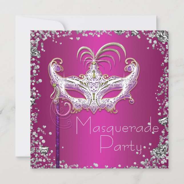 Elegant silverkonfetti rosa maskeradfest inbjudningar (Framsida)