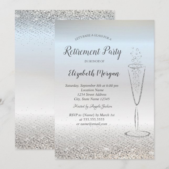 Elegant silverkonfettiglas silver pensionering inbjudningar (Fram/baksida)