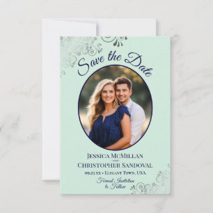 Elegant silvermint och marin oval fotobryllop spara datumet