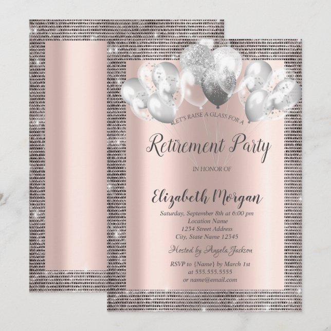 Elegant silverpaljetterad ram Roséguld Pension  Inbjudningar (Fram/baksida)