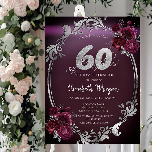 Elegant silverram burgunderrosor 60-årsdag inbjudningar (Skapare uppladdad)