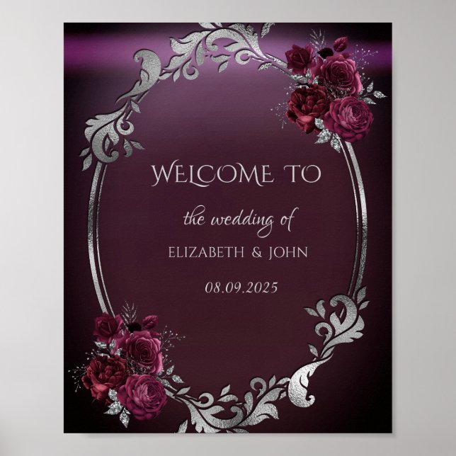 Elegant silverram burgunderrosor poster (Framsidan)