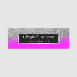 Elegant silverram, glitter rosa fluorescerande namnbricka
