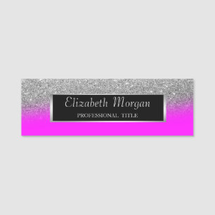 Elegant silverram, glitter rosa fluorescerande namnbricka