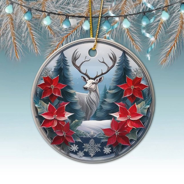 Elegant silverram Ren, Poinsettia Hjort Julgransprydnad Keramik (Silver Reindeer Elegant Deer Antlers, Poinsettia Flowers Winter Trees Scene Ornament Front/Back 🦌🎄)