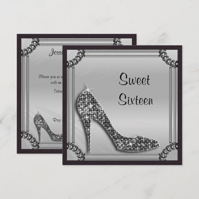 Elegant silverram stiletto med svart Sweet 16 Inbjudningar (Fram/baksida)