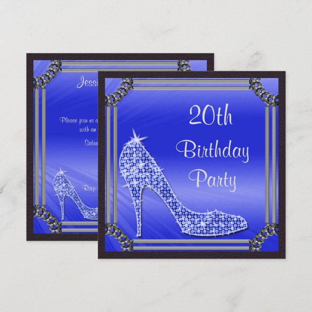 Elegant silverramad blå stiletto 20-årsdag inbjudningar (Fram/baksida)