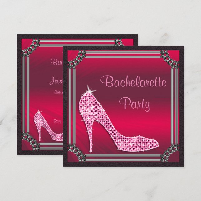 Elegant silverramad rosa stiletto möhippa inbjudningar (Fram/baksida)