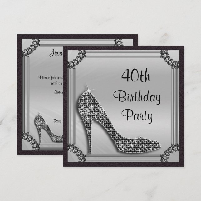 Elegant silverramad svart stiletto 40-årsfirande inbjudningar (Fram/baksida)