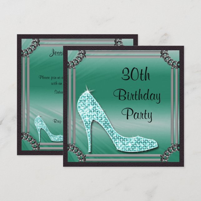 Elegant silverramad teal stiletto 30-årsdag inbjudningar (Fram/baksida)
