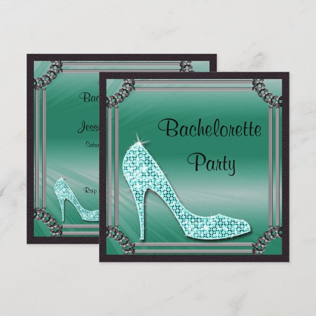 Elegant silverramad teal stiletto möhippa inbjudningar (Fram/baksida)