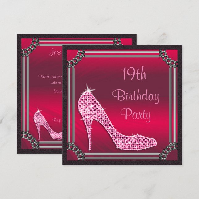 Elegant silverramat rosa stiletto 19-årsdag inbjudningar (Fram/baksida)
