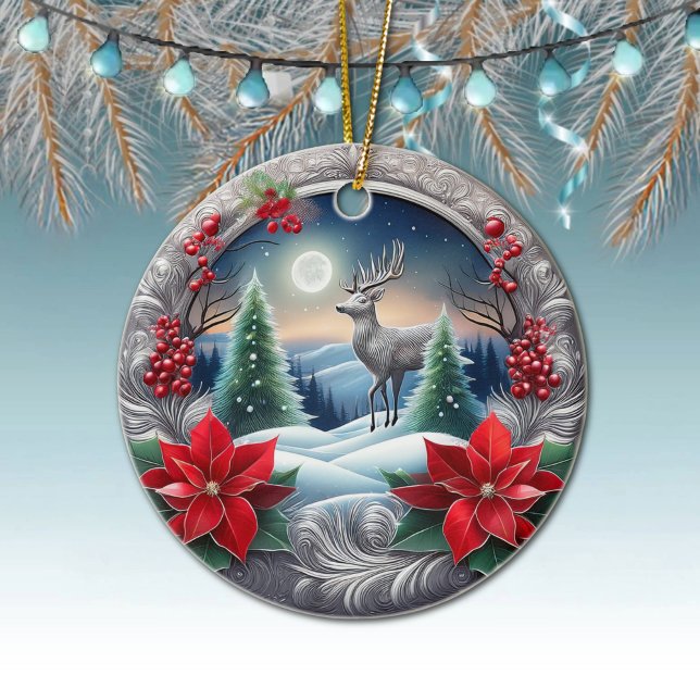 Elegant silverren Julestjärna blomma, ren 🦌 Julgransprydnad Keramik (Silver Reindeer, Deer Antlers, Poinsettia Flowers Winter Trees Moon Scene Ornament Front/Back 🦌🎄)