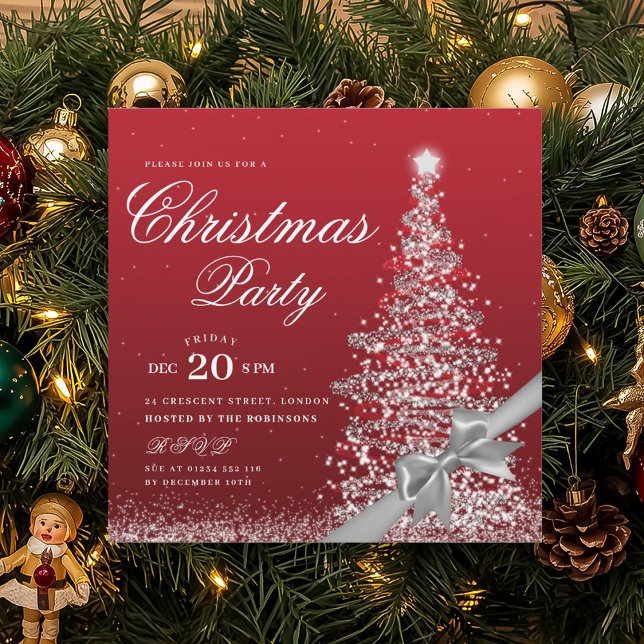 Elegant silverröd julgran slinga  inbjudningar (Elegant Silver Red Winter Christmas Tree Bow Invitation)