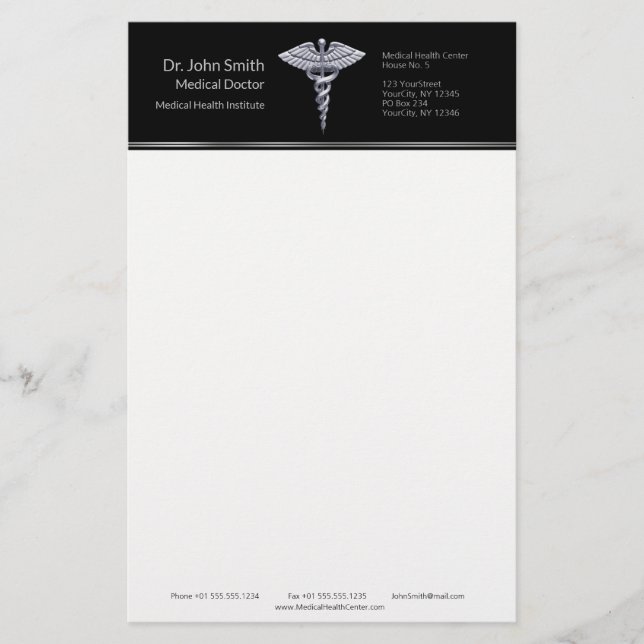 Elegant silverstav på svart medicinsk tema brevpapper (Framsida)