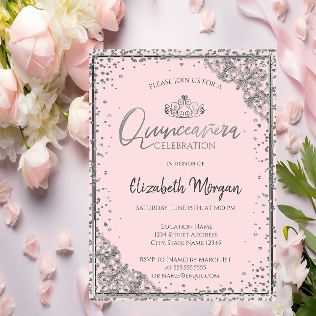 Elegant silvertiara, diamantrosa Quinceañera Inbjudningar (Skapare uppladdad)
