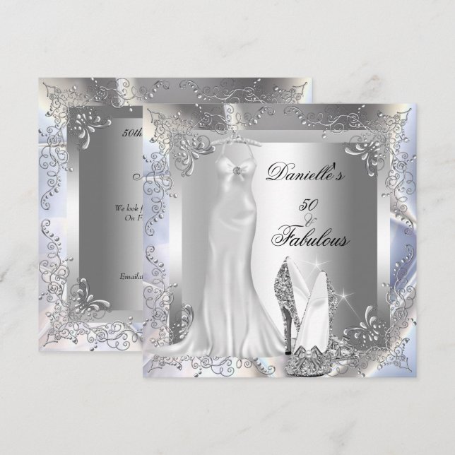 Elegant silvervit högklackad sko Fabulous 50 Inbjudningar (Fram/baksida)