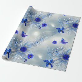 Elegant Silvery, Blue & Grått Blommigt & Butterfly Presentpapper