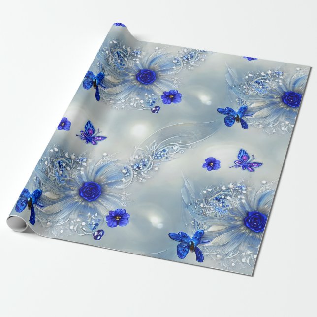 Elegant Silvery, Blue & Grått Blommigt & Butterfly Presentpapper (Utrullad)