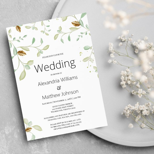 Elegant simpel mynta grönt guld foliage Bröllop Inbjudningar (Elegant simple mint green gold foliage Wedding )