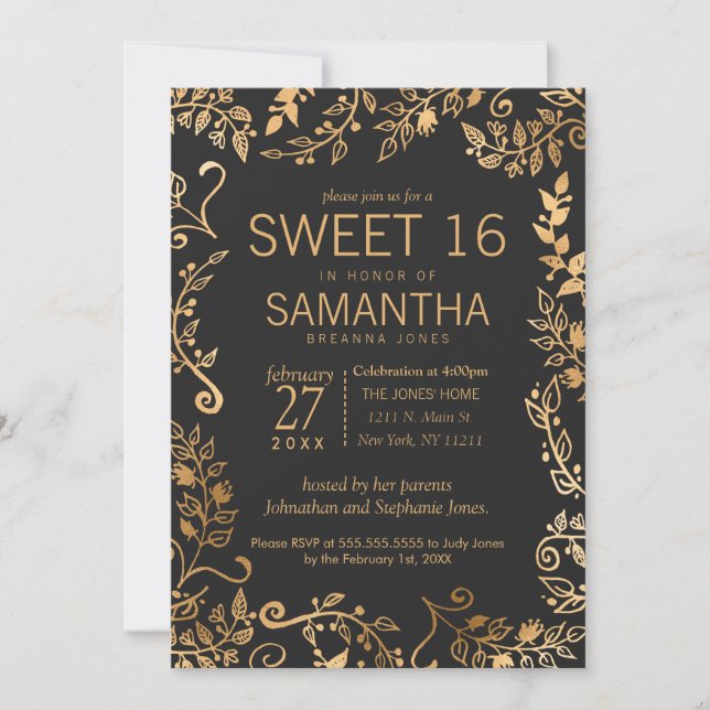 Elegant Simple Black Guld Blommigt Sweet 16 Inbjudningar (Framsida)