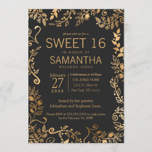 Elegant Simple Black Guld Blommigt Sweet 16 Inbjudningar