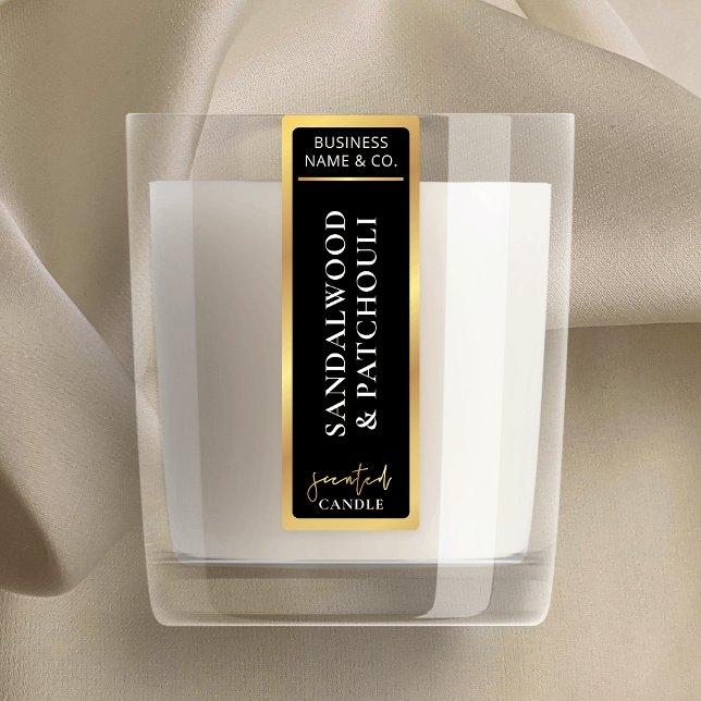 Elegant Simple Black & Guld Tamper Proof Candle Klistermärke (Elegant black and gold border vertical candle jar labels that are sure to impress)