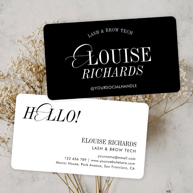 Elegant Simple Black & White Nostalgic Hair Beauty Visitkort (Minimalist black & white business cards with stylish script fonts)