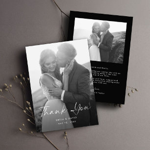 Elegant Simple Black White Script Photo Bröllop Tack Kort