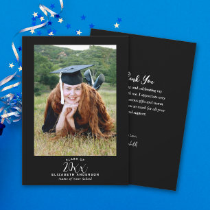 Elegant Simple Black White Script Studenten Photo Tack Kort