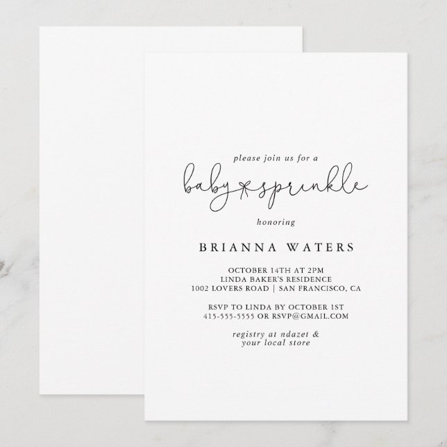 Elegant Simple Calligraphy Baby Sprinkle Inbjudningar (Fram/baksida)