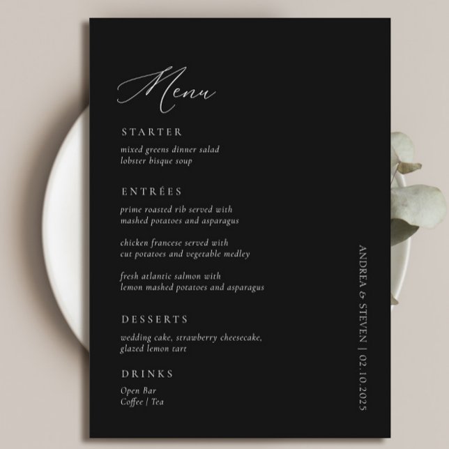 Elegant Simple Calligraphy Black Bröllop Meny (Skapare uppladdad)