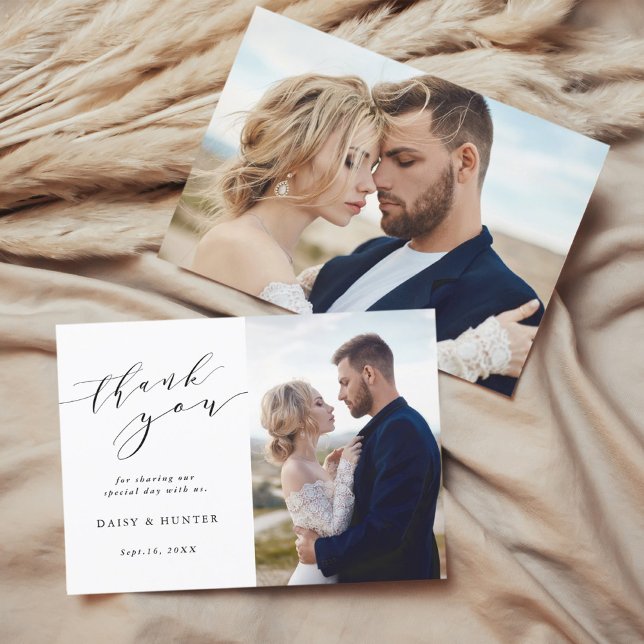 Elegant Simple Calligraphy Bröllop 2 Photo Tack Kort (Skapare uppladdad)