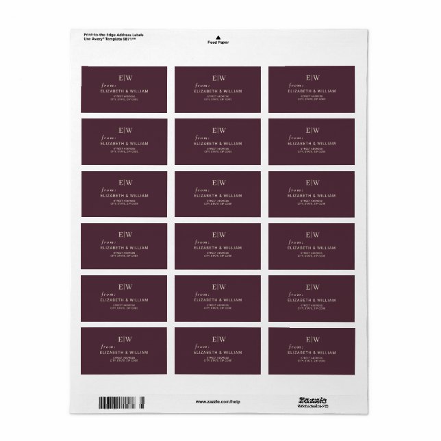 Elegant Simple Cherry Lacquer, Monogram Bröllop Adressetikett (Helt Ark)