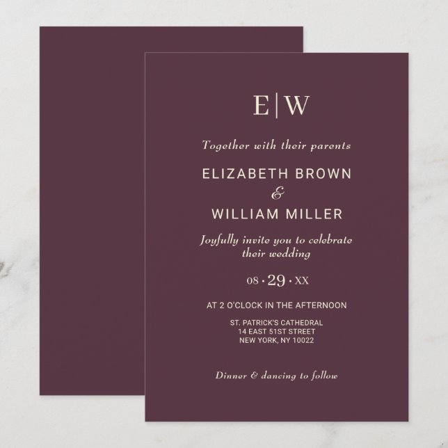 Elegant Simple Cherry Lacquer, Monogram Bröllop Inbjudningar (Fram/baksida)