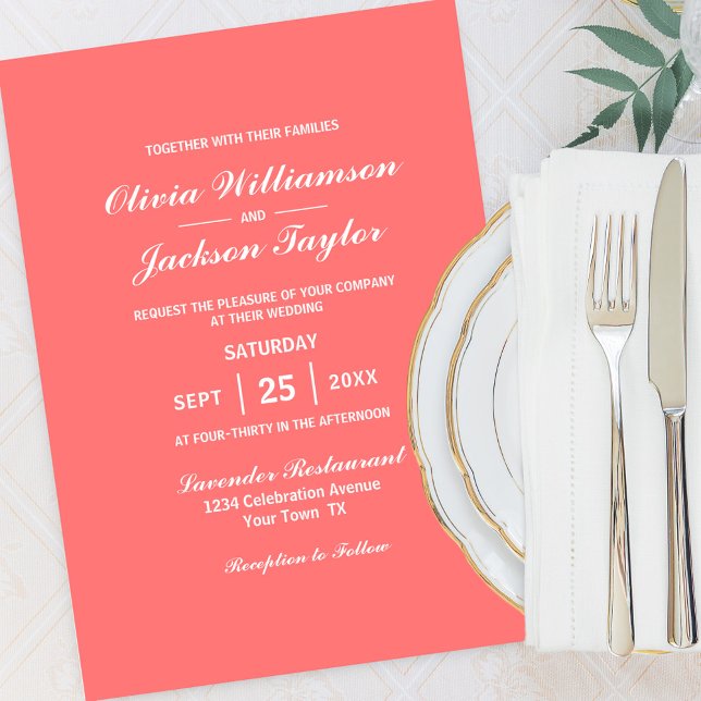 Elegant Simple Coral White Bröllop Inbjudningar (Skapare uppladdad)