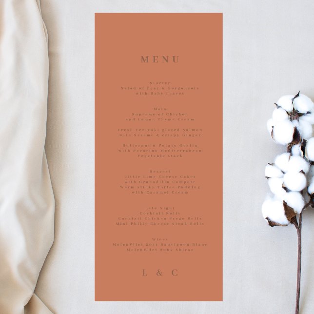 Elegant Simple Dusty Orange + Terracotta Monogram Meny (Skapare uppladdad)