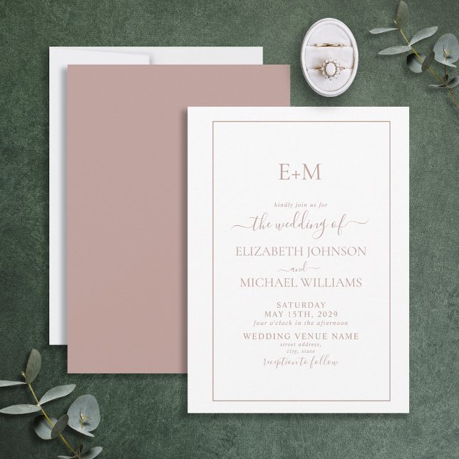 Elegant Simple Dusty Ro Formal Monogram Bröllop Inbjudningar (Skapare uppladdad)