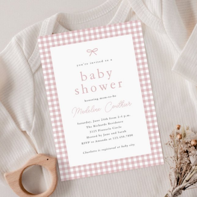 Elegant Simple Dusty Rosa Girls Baby Shower (Gingham check dusty pink girls budget baby shower invitation.)