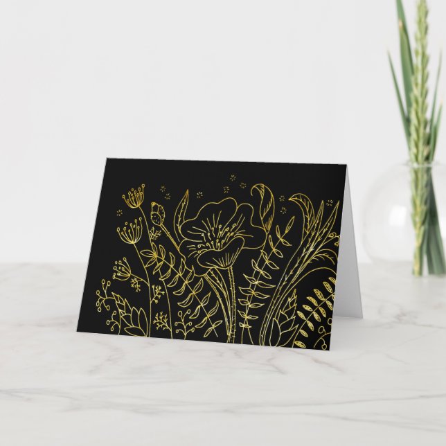 Elegant Simple Glowing Guld Flowers on Black Tack Kort (Framsida)