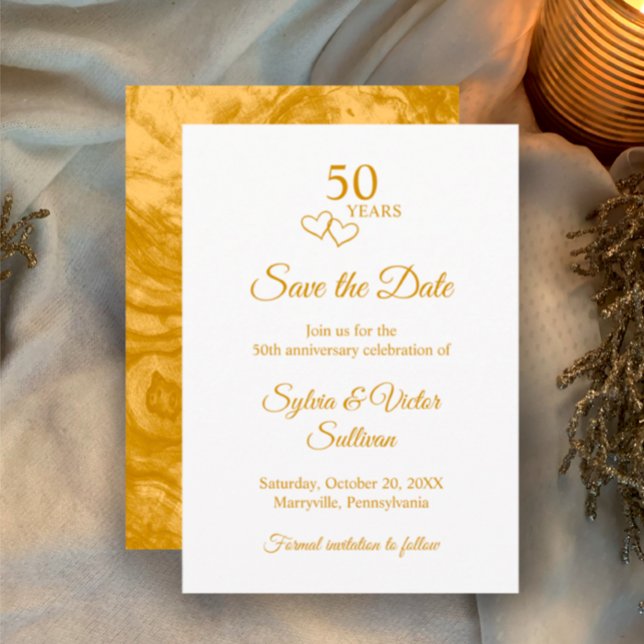 Elegant Simple Golden 50th Anniversary Party Spara Datumet (Personalize this simple elegant golden script 50th wedding anniversary save the date invitation.
)
