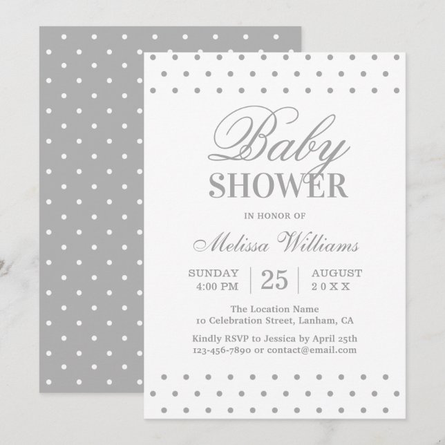 Elegant Simple Grått White Dots Script Baby Shower Inbjudningar (Fram/baksida)