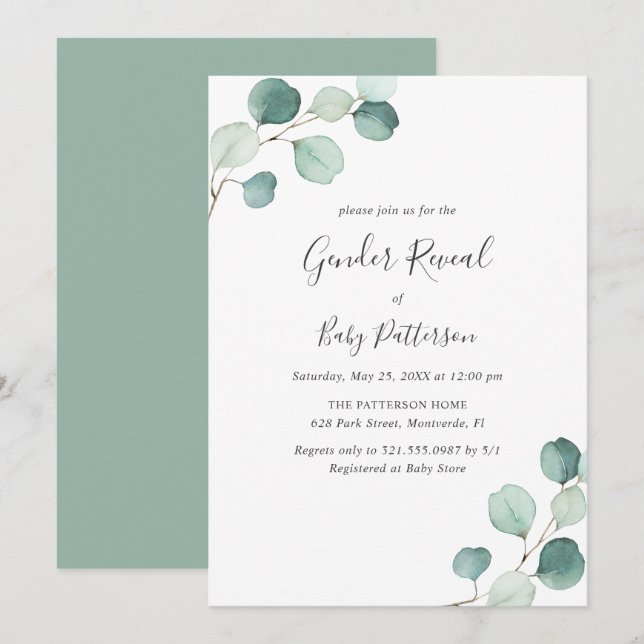 Elegant Simple Greenery Eucalyptus Gender Reveal Inbjudningar (Fram/baksida)