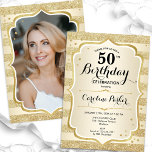 Elegant Simple Guld Photo 50:e födelsedagen Inbjudningar<br><div class="desc">Elegant femininininbjudan på 50 års födelsedag med ditt foto på baksidan av kortet. Glam-design med faux glitter guld. Funktioner i guld rand, typsnitt för skript och konetti. Perfekt för en snyggt vuxen under firande party. Anpassa med dina egna detaljer. Kan anpassas för vilken ålder som helst! Skrivna Zazzle-inbjudningar eller digital...</div>