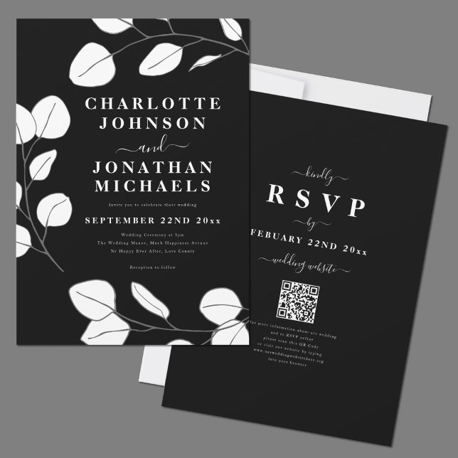 Elegant Simple Löv Black and White Bröllop Inbjudningar (Modern elegant minimalist leaf black and white wedding invitation with RSVP online website QR Code)