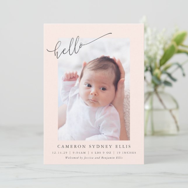 Elegant Simple Minimalist Hello Blush Photo Birth Meddelande (Stående Fram)