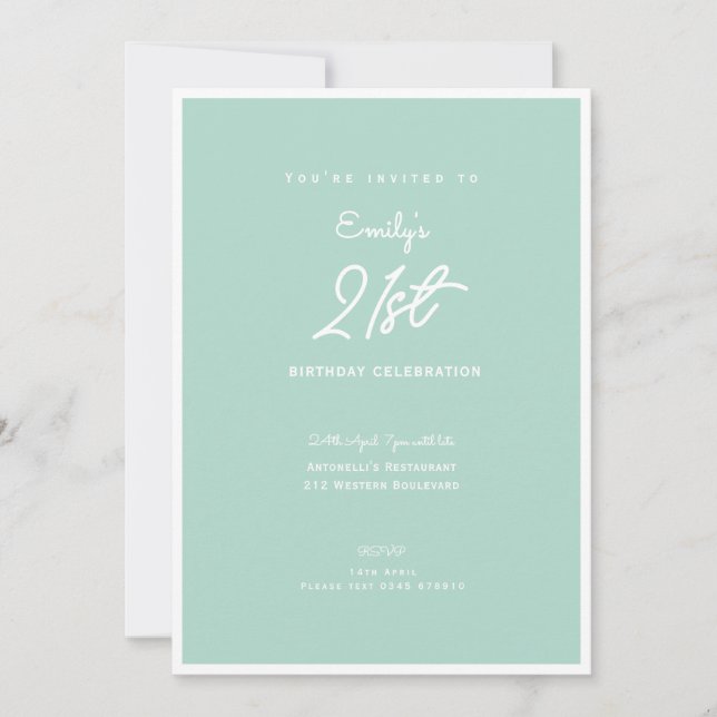 Elegant Simple Mint Modern 21st Birthday Party Inbjudningar (Framsida)