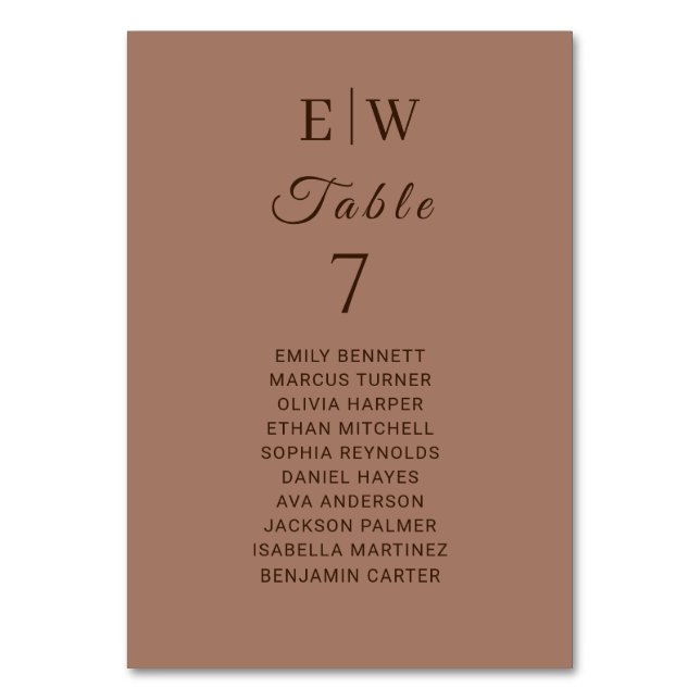 Elegant Simple Mocha Mousse med Monogram Bröllop Bordsnummer (Framsidan)