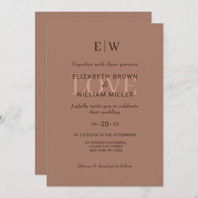 Elegant Simple Mocha Mousse med Monogram Bröllop Inbjudningar (Fram/baksida)
